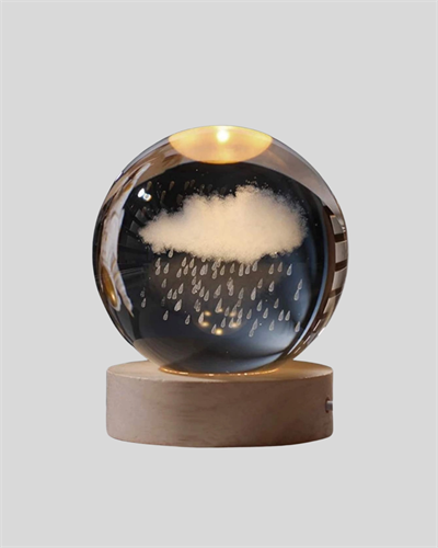LED Sıcak Işıklı 3D Bulut Figürlü Kristal Küre Ahşap Standlı Gece Lambası