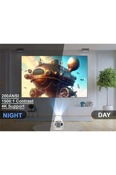 LED projeksiyon cihazı 4K çözünürlük 100000:1 kontrast Bluetooth Android 11 WiFi beyaz