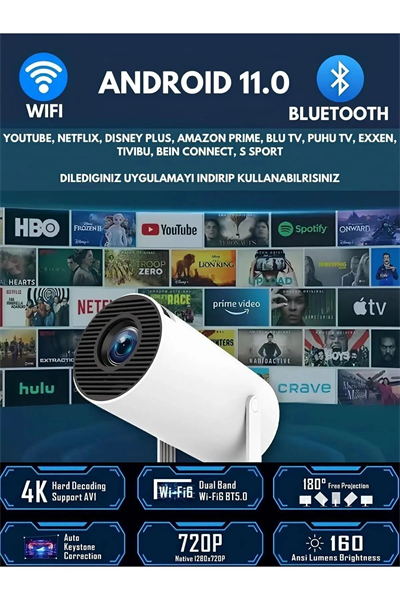 LED projeksiyon cihazı 4K çözünürlük 100000:1 kontrast Bluetooth Android 11 WiFi beyaz