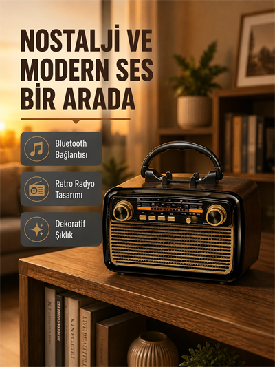 LED’li Nostaljik Bluetooth Hoparlör – Vintage Tasarım, Ahşap Doku