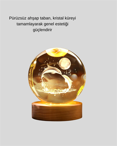 Lazer İşlemeli Yunus Kristal Küre Sıcak Işıklı Ahşap Standlı