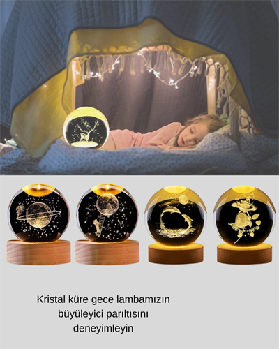 Lazer İşlemeli Yunus Kristal Küre Sıcak Işıklı Ahşap Standlı