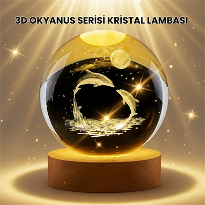 Lazer İşlemeli Yunus Kristal Küre Sıcak Işıklı Ahşap Standlı