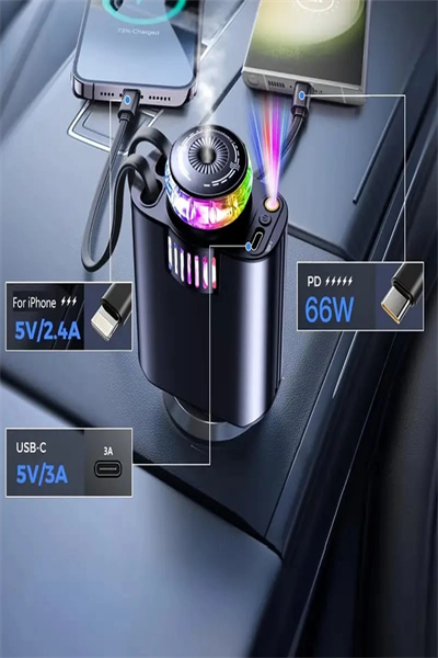 Led Işık Aydınlatmalı 45w Hava Nemlendirici 5’1 Arada Şarj Cihazı Araç İçi Çakmaklık Şarj Aleti