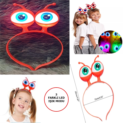 Led Işıklı  Pilli 3 Farklı Modda Yanan Uzaylı Göz Parti Tacı Kırmızı Renk 18x12 Cm