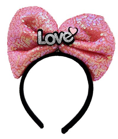 Led Işıklı 3 Farklı Fonksiyonda Yanan Gümüş Love Yazılı Fuşya Pembe Fiyonk Taç 20X17 cm (3936)