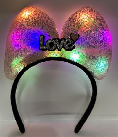 Led Işıklı 3 Farklı Fonksiyonda Yanan Gümüş Love Yazılı Toz Pembe Fiyonk Taç 20X17 cm (3936)