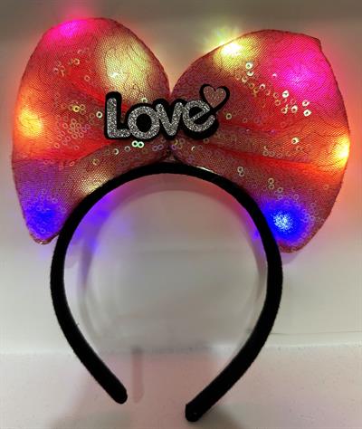 Led Işıklı 3 Farklı Fonksiyonda Yanan Gümüş Love Yazılı Fuşya Pembe Fiyonk Taç 20X17 cm (3936)