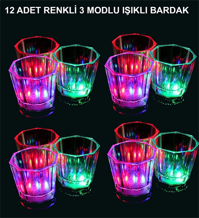 Led Işıklı Eğlence Bardakları - 3 Modlu Renk Değiştiren Bardak 12 Adet