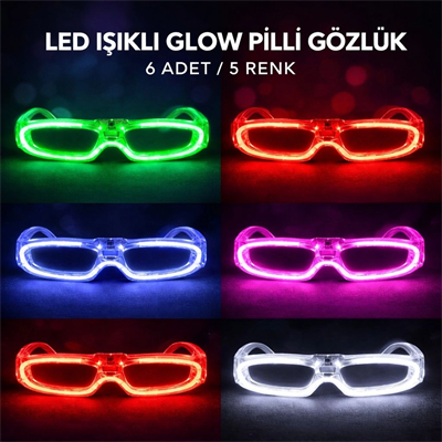 Led Işıklı Glow Pilli Parti Gözlüğü - Glow Efektli 6 Adet 5 Renk