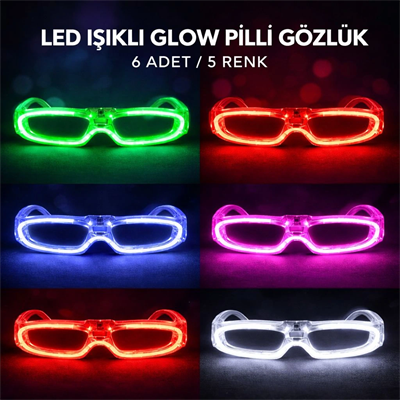 Led Işıklı Glow Pilli Parti Gözlüğü - Glow Efektli 6 Adet 5 Renk
