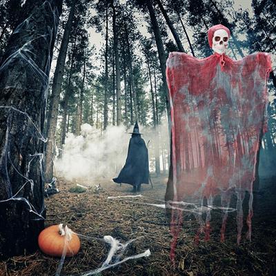 Led Işıklı Kahkaha Atan Sesli Sensörlü Ürpertici Kuru Kafa Kanlı Korku Hayalet Saçaklı Dekor 90x50 cm (3936)