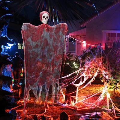 Led Işıklı Kahkaha Atan Sesli Sensörlü Ürpertici Kuru Kafa Kanlı Korku Hayalet Saçaklı Dekor 90x50 cm (3936)