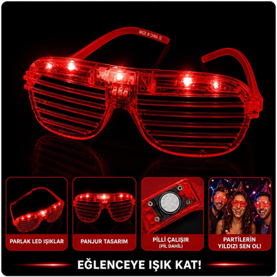 Led Işıklı Panjur Parti Gözlüğü Kırmızı Renk Shutter Gözlük