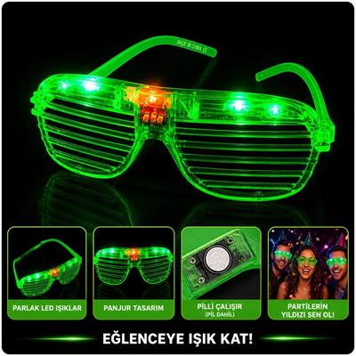 Led Işıklı Panjur Parti Gözlüğü Yeşil Renk Shutter Gözlük