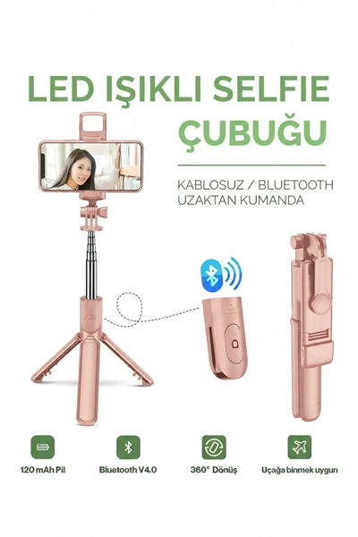 Led Işıklı Selfie Çubuğu Bluetooth Kumandalı Kablosuz Tripot Selfie Monopod Selfie Stick (Pembe)