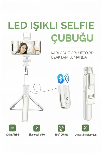 Led Işıklı Selfie Çubuğu Bluetooth Kumandalı Kablosuz Tripot Selfie Monopod Selfie Stick (Beyaz)