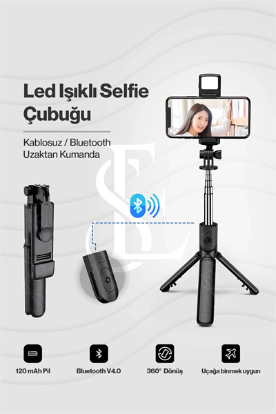 Led Işıklı Selfie Çubuğu Bluetooth Kumandalı Kablosuz Tripot Selfie Monopod Selfie Stick SİYAH