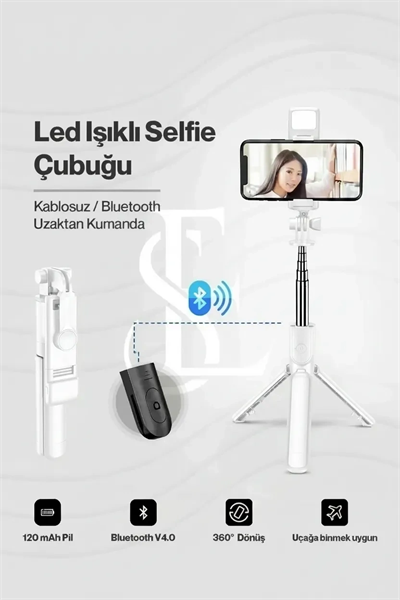 Led Işıklı Selfie Çubuğu Bluetooth Kumandalı Kablosuz Tripot Selfie Monopod Selfie Stick (Beyaz)