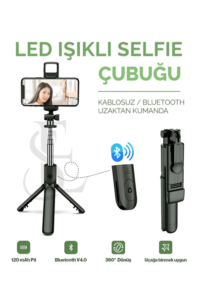 Led Işıklı Selfie Çubuğu Bluetooth Kumandalı Kablosuz Tripot Selfie Monopod Selfie Stick SİYAH