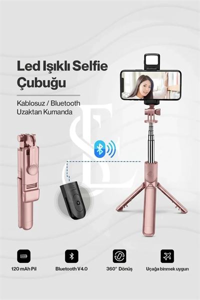 Led Işıklı Selfie Çubuğu Bluetooth Kumandalı Kablosuz Tripot Selfie Monopod Selfie Stick (Pembe)