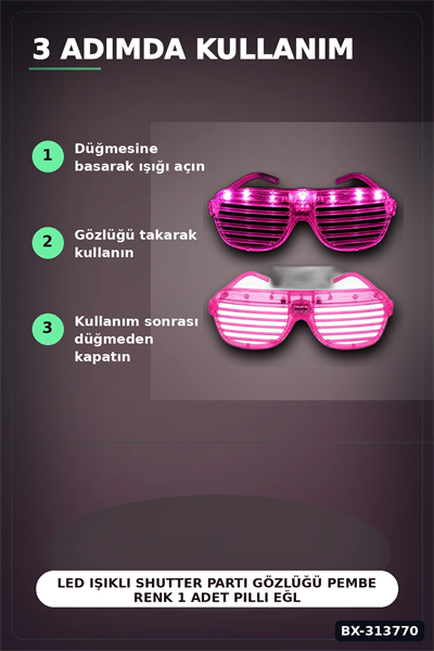 Led Işıklı Shutter Parti Gözlüğü Pembe Renk 1 Adet Pilli Eğlence Aksesuarı BX-313770