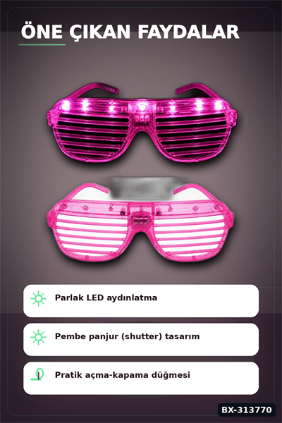 Led Işıklı Shutter Parti Gözlüğü Pembe Renk 1 Adet Pilli Eğlence Aksesuarı BX-313770