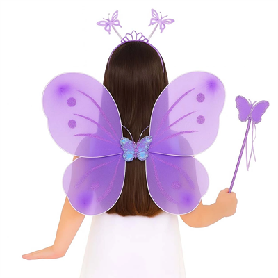 Lila Mor Kelebek Kız Seti – 50 cm Kelebek Kanadı, Taç ve Asa