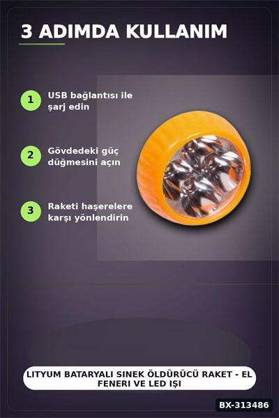 Lityum Bataryalı Sinek Öldürücü Raket - El Feneri ve LED Işıklı, 1 Adet BX-313486