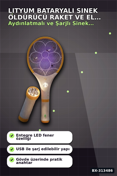 Lityum Bataryalı Sinek Öldürücü Raket - El Feneri ve LED Işıklı, 1 Adet BX-313486