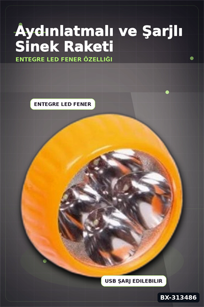 Lityum Bataryalı Sinek Öldürücü Raket - El Feneri ve LED Işıklı, 1 Adet BX-313486