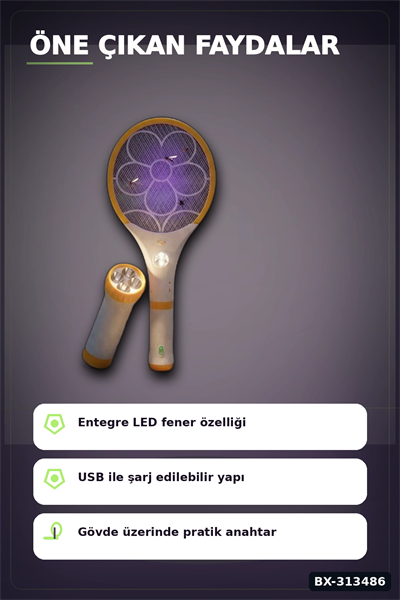 Lityum Bataryalı Sinek Öldürücü Raket - El Feneri ve LED Işıklı, 1 Adet BX-313486