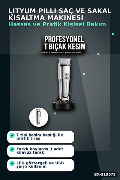 Lityum Pilli 600mAh Saç Sakal Kısaltma Makinesi 3 Taraklı USB Şarj LED Ekran BX-313673