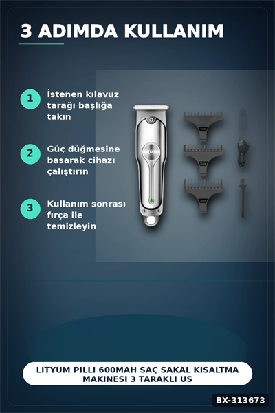 Lityum Pilli 600mAh Saç Sakal Kısaltma Makinesi 3 Taraklı USB Şarj LED Ekran BX-313673
