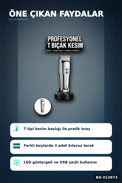Lityum Pilli 600mAh Saç Sakal Kısaltma Makinesi 3 Taraklı USB Şarj LED Ekran BX-313673
