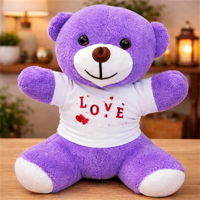 Love Baskılı Tişörtlü Peluş Mor Ayıcık