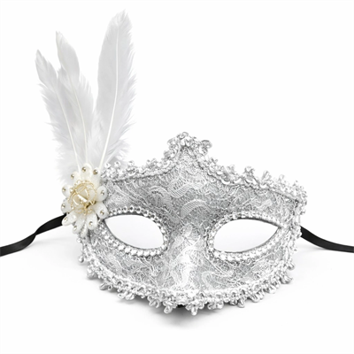Lüks Beyaz Tüylü Venedik Maskesi – Taşlı Dantel Tasarım