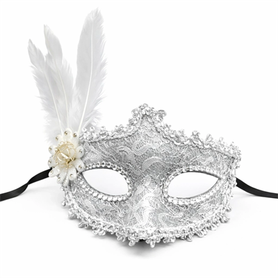 Lüks Beyaz Tüylü Venedik Maskesi – Taşlı Dantel Tasarım