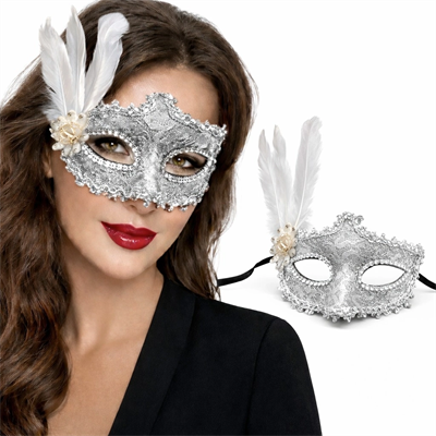 Lüks Beyaz Tüylü Venedik Maskesi – Taşlı Dantel Tasarım