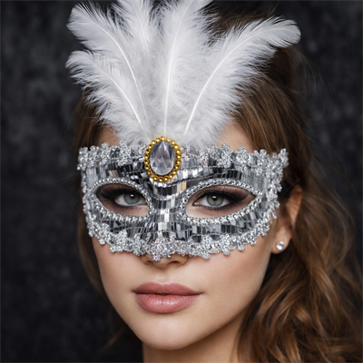 Lüks Gümüş Tüylü Taşlı Balo Maskesi