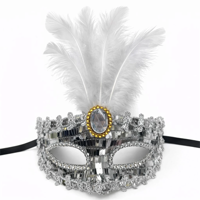 Lüks Gümüş Tüylü Taşlı Balo Maskesi