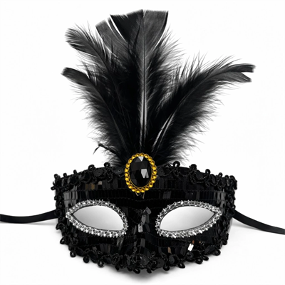 Lüks Siyah Tüylü Taşlı Balo Maskesi
