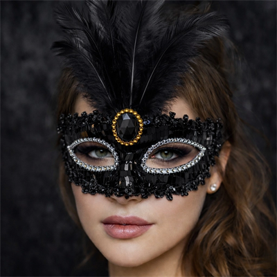 Lüks Siyah Tüylü Taşlı Balo Maskesi