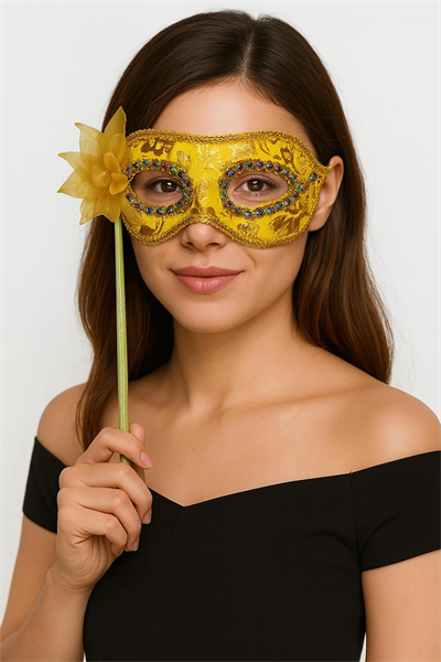 Lüks Taşlı Saplı Maskeli Balo Maskesi Altın Renk 35 cm