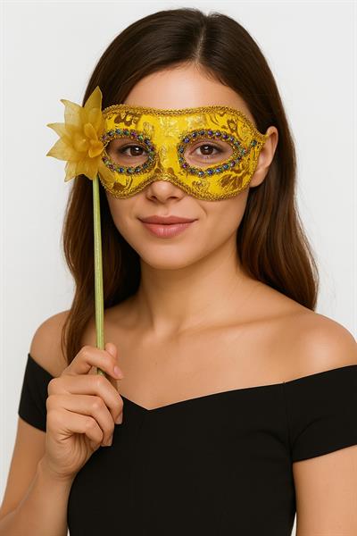 Lüks Taşlı Saplı Maskeli Balo Maskesi Altın Renk 35 cm (3936)