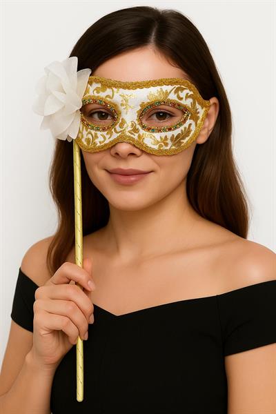 Lüks Taşlı Saplı Maskeli Balo Maskesi Beyaz Renk 35 cm (3936)