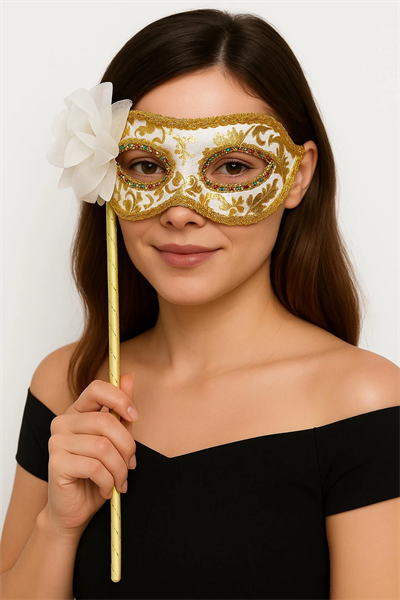 Lüks Taşlı Saplı Maskeli Balo Maskesi Beyaz Renk 35 cm