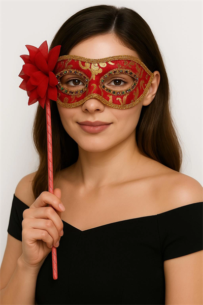 Lüks Taşlı Saplı Maskeli Balo Maskesi Kırmızı Renk 35 cm