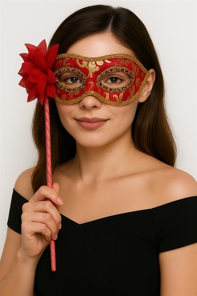 Lüks Taşlı Saplı Maskeli Balo Maskesi Kırmızı Renk 35 cm (3936)