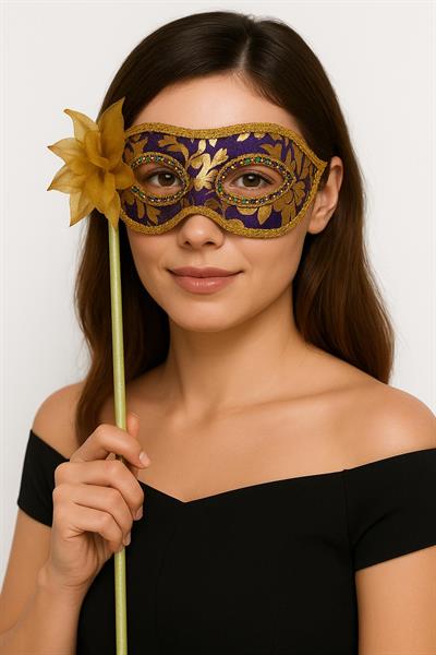 Lüks Taşlı Saplı Maskeli Balo Maskesi Mor Renk 35 cm (3936)